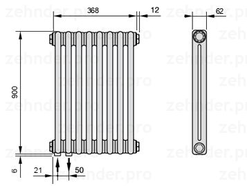 Схема (чертеж) Радиатор Zehnder Charleston 2090/8 №3370 Белый глянцевый RAL 9016